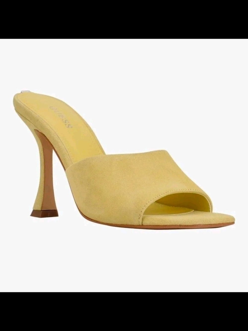 GUESS Women's Hambree in Yellow Suede Open-Toe Mule Heels